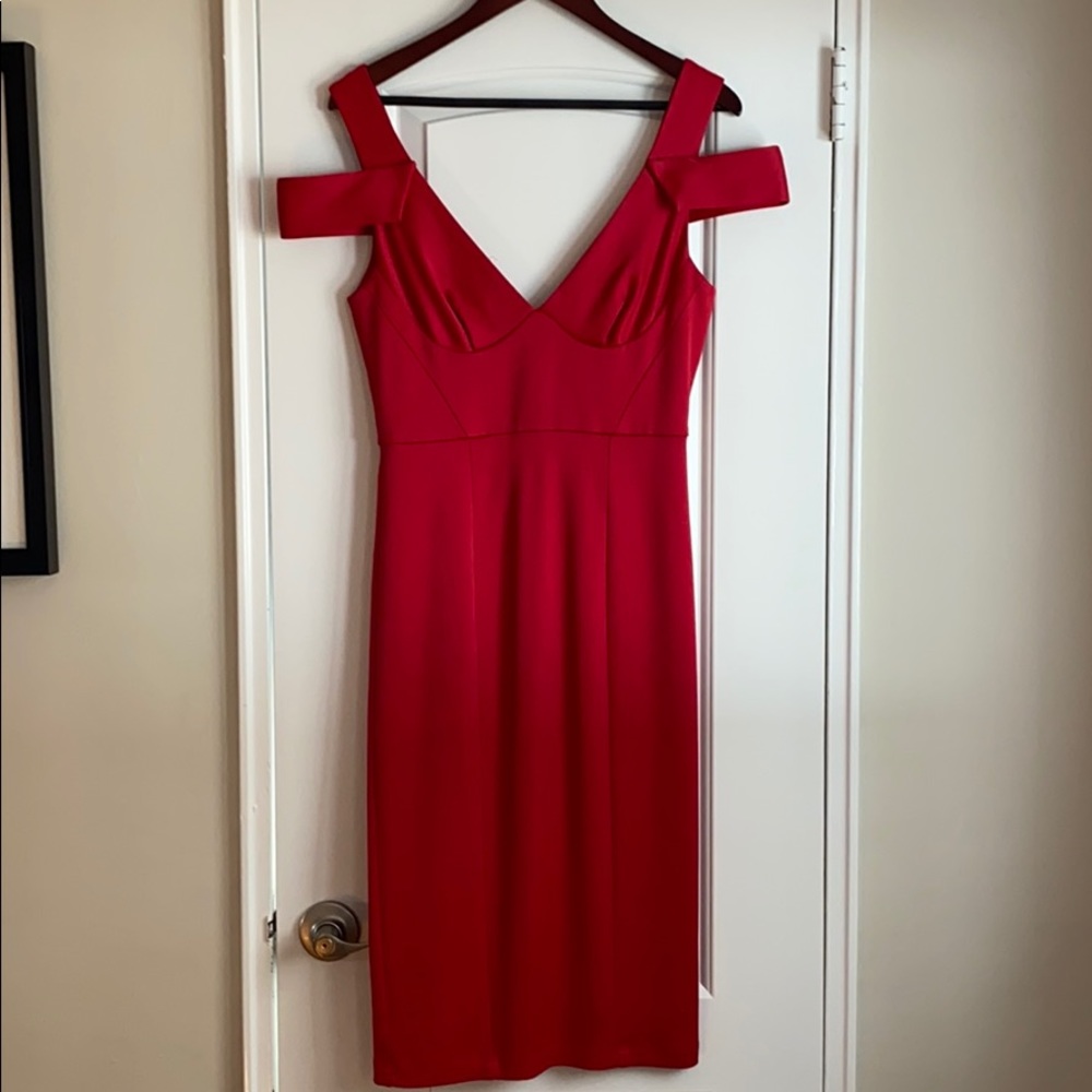 ABS Red midi dress with off shoulder detail.